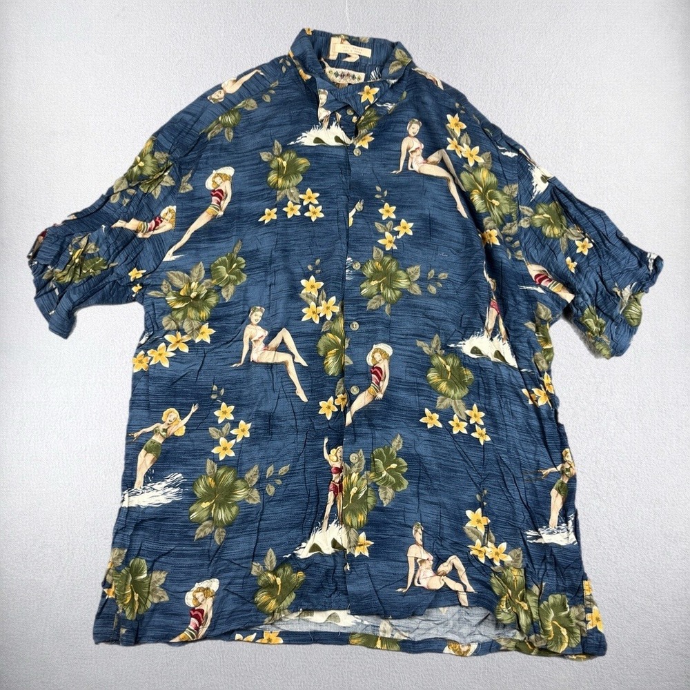 VTG Campia Button Shirt Mens XXL Blue Pinup Girl Tropical Floral Rayon Hawaiian